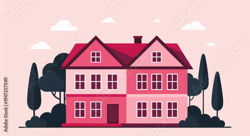 Modern Duplex House Vector Illustration with Pink and Red Facade, Two Stories, Multiple Windows, and Dark Green Trees on a Light Pink Background for Real Estate and Residential Concepts