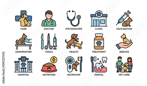 Pet care elements: medical and wellness icons for veterinary services