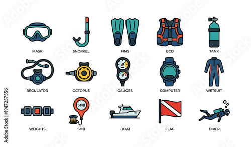 Colorful scuba diving equipment icons including mask, snorkel, fins, bcd, tank, and more