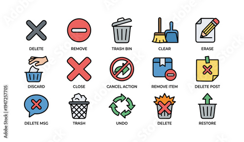 Set of 16 colorful action icons for deleting and managing content