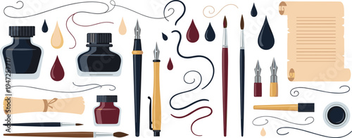Calligraphy and Hand Lettering Tools Vector Set Featuring Ink Bottles Dip Pens Brush Pens Nibs Scroll Paper and Elegant Writing Elements