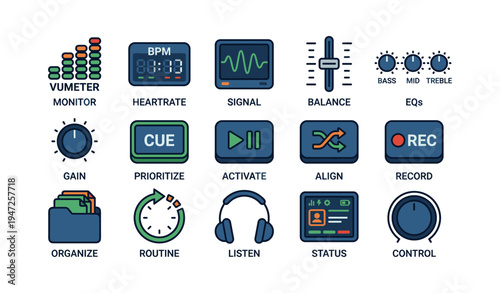 Audio control icons including mixer, headphones, and music playback symbols