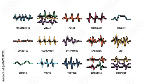 Colorful health monitoring icons depicting vital signs and medical themes