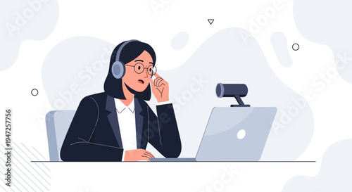 Woman with headphones and glasses working on a laptop with webcam, online meeting