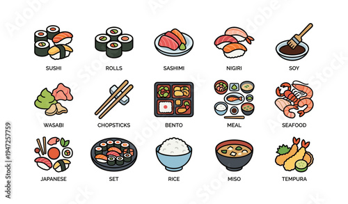 Illustrated japanese cuisine elements including sushi nigiri and sashimi