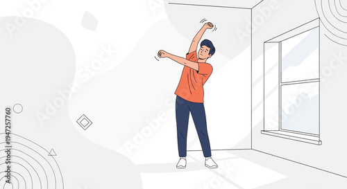 Man stretching indoors, healthy lifestyle, home workout, exercise, window light