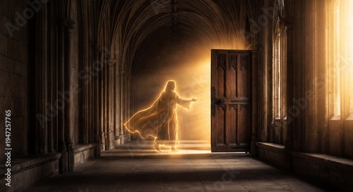 Glowing golden silhouette holding open a massive dark oak door in a hallway, representing professional courtesy and executive presence.
