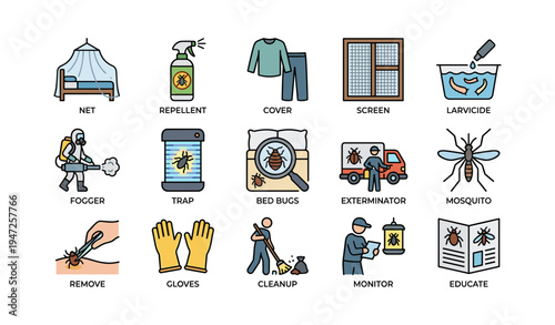Comprehensive vector icons for mosquito control and pest prevention measures