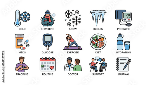 Winter health icons: exercise, nutrition, monitoring for wellness