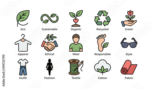 Sustainable fashion icons: eco-friendly apparel, ethical style, organic cotton, recycled materials