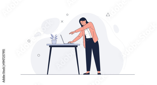 Businesswoman stretching at desk, working on laptop, office break, healthy lifestyle