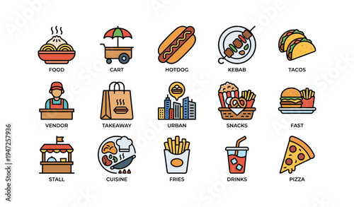 Assorted street food icons featuring hotdog, kebab, tacos, vendor, and drinks