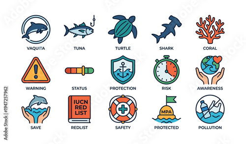 Conservation icons: marine life, safety, environmental awareness symbols
