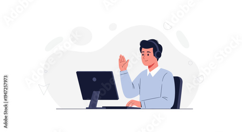 Man with headphones waving hello at computer screen, online communication concept
