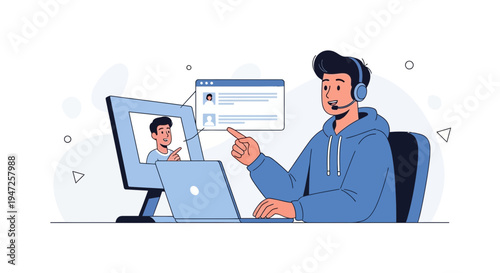 Man with headset on video call, pointing at screen, online communication concept