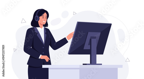 Customer service operator with headset working on computer at desk, flat illustration