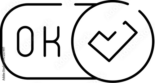 Ok button toggle with checkmark indicating active, approved state for user interface, mobile and web apps minimalist black and white line icon for confirmation, selection, and success