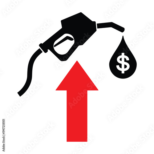 Rising Gas Prices Concept Vector Icon with Fuel Pump Nozzle Black Oil Drop Dollar Sign and Red Upward Arrow for Inflation Energy Crisis Petrol Cost Increase Isolated on White Background Design.