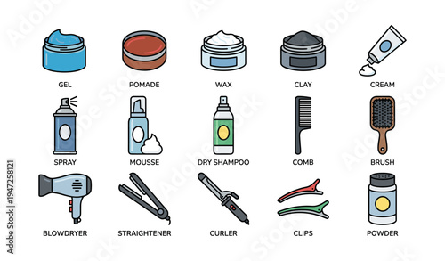 Hair styling products and tools collection featuring gel, pomade, wax, and more