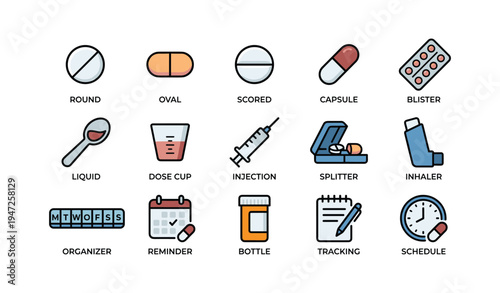 Medication icons: pill, capsule, blister, spoon, syringe, inhaler