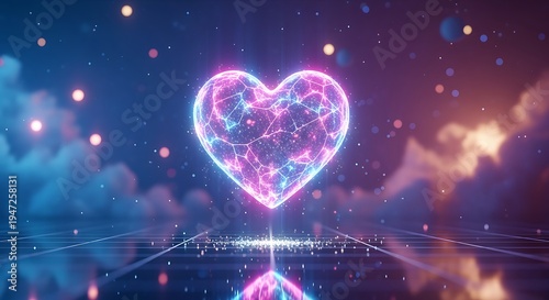 Futuristic glowing heart shape with intricate digital network design floating in space