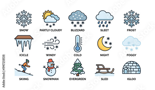 Illustrated weather icons depicting winter conditions and activities