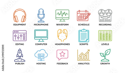 Audio and media equipment icons: microphone, headphones, computer, analytics