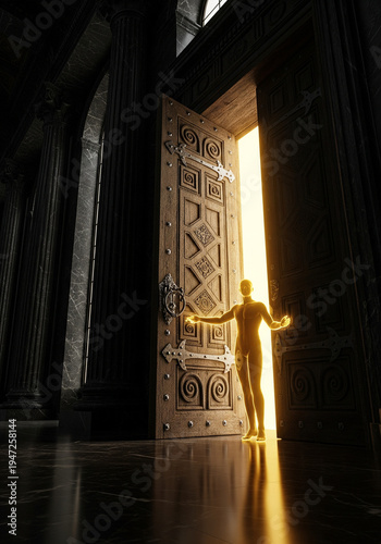 Glowing golden silhouette holding open a massive dark oak door in a hallway, representing professional courtesy and executive presence.