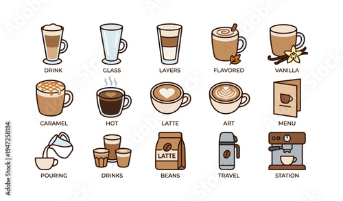 Variety of coffee drinks and accessories in minimalist style