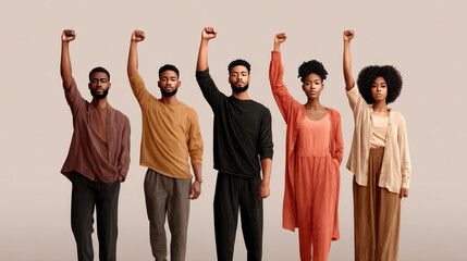 Juneteenth Freedom Day celebration, African American people standing together with raised fists, symbolizing civil rights, emancipation, equality, and the pursuit of justice. Juneteenth