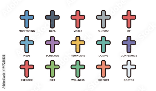 Colorful cross icons representing health monitoring categories in healthcare app interface