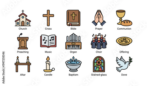 Christian symbols collection featuring church, cross, bible, and praying hands icons