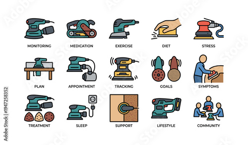 Healthy lifestyle icons illustrating wellness strategies including exercise and diet