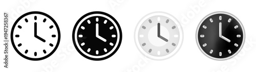 Minimal Clock icon Set, Clock Time icons in Line, Solid, Flat illustration and Realistic 3d Styles on White Background