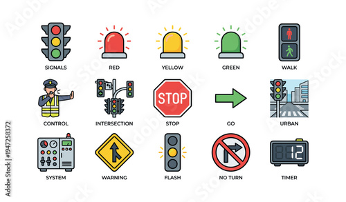 Traffic signals and signs collection with various symbols and icons