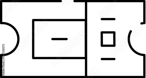 Line art icon of a perforated admission ticket, minimalist black and white outline symbolizing event access, booking, entry, reservation, and entertainment pass for web or app use