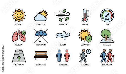 Weather and park icons featuring climate conditions and amenities