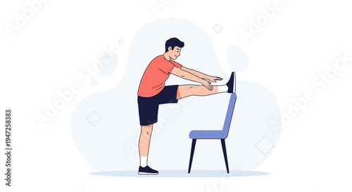 Man stretching leg on chair, fitness, healthy lifestyle, exercise, workout, home training