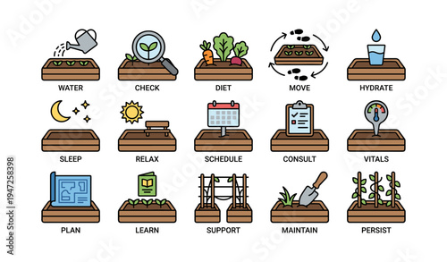 Gardening icons depicting plant care stages and activities