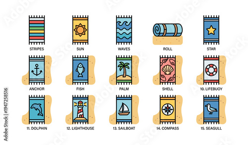 Icon set of beach-themed towels with nautical and ocean designs
