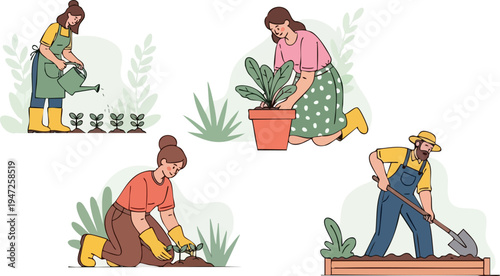 Set of 4 vector illustrations depicting women gardening: watering plants, potting a houseplant, planting a seedling, and digging soil in a raised garden bed