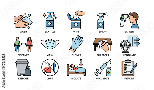 Covid-19 safety icons: wash, sanitize, mask, gloves, vaccinate, screen