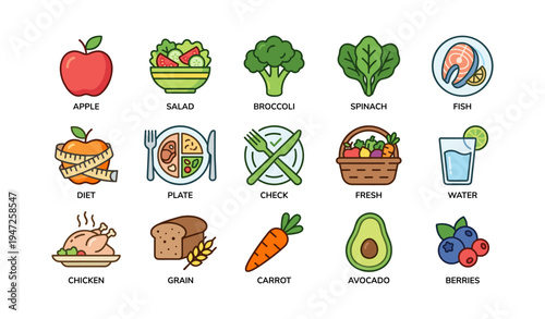 Healthy food icons featuring fruits, vegetables, and balanced diet elements
