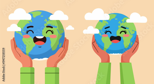 Happy Earth Day vector illustration featuring two pairs of hands holding smiling planet Earths with white clouds, symbolizing environmental protection and global care