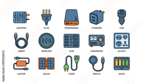 Colorful set of electronic device icons featuring adapter, charger, and solar panel