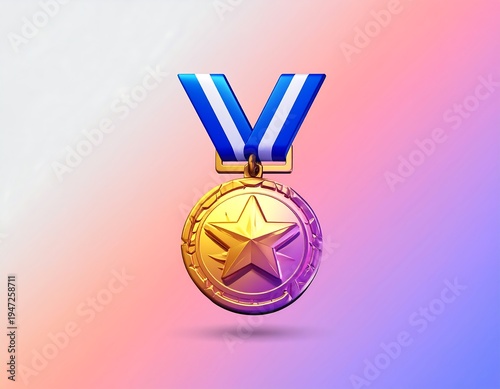 Golden medal with a star and blue/white ribbon, casting a shadow on a bright, gradient background