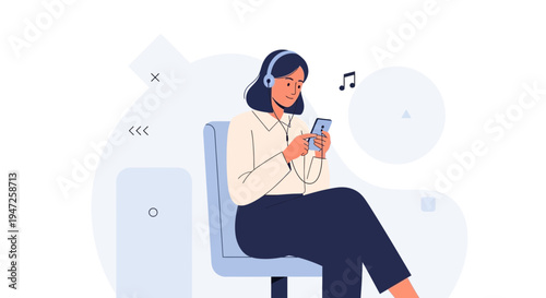 Woman Listening Music on Phone with Headphones, Relaxing on Chair
