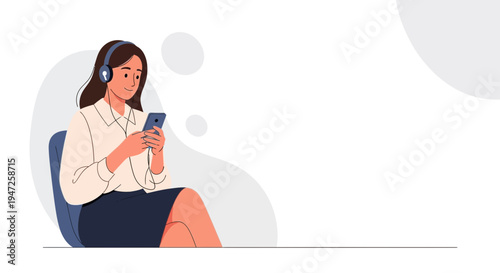 Woman Listening Music on Phone with Headphones, Relaxing and Enjoying Audio Content