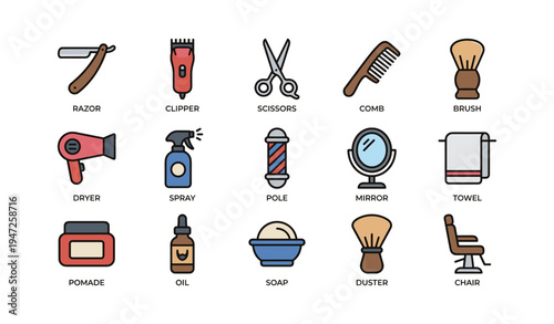 Barbershop tools collection: razor, clipper, comb, dryer, scissors, mirror, towel, oil