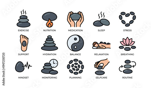 Wellness symbols illustrating exercise, nutrition, relaxation, balance, and self-care practices